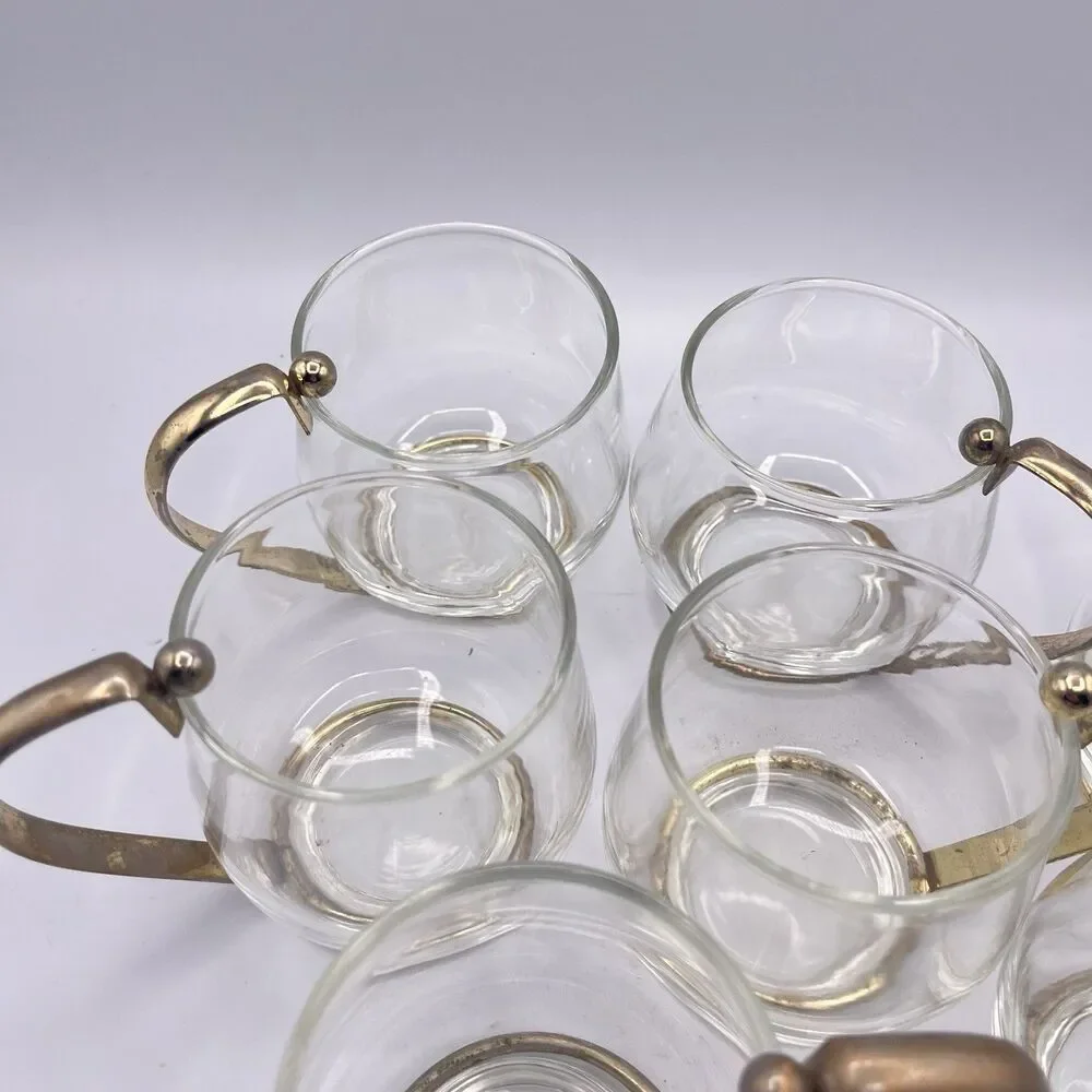11 Vintage Brass Handled Glass Mugs Mid Century Modern Bar Ware